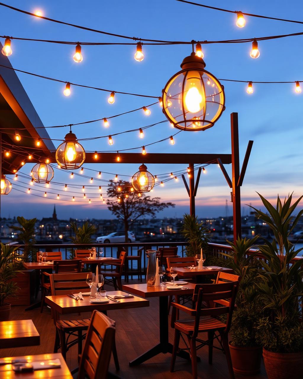 Terraza del restaurante iluminada con guirnaldas al atardecer